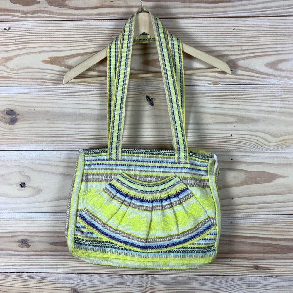 Mexican Woven Tote Bag Yellow Striped Boho Handcrafted Shoulder Bag Artsy Beachy